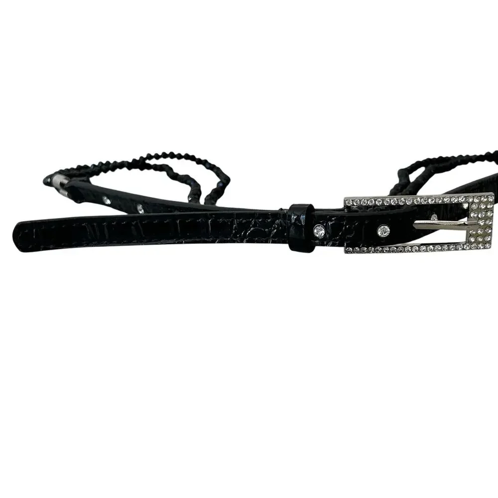 Vintage Black Beaded & Croc Embossed leather Skinny Belt fairy western glam 34